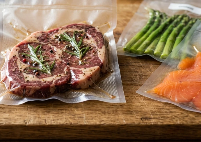 Fleisch und Gemüse in Plastikbeuteln auf einem Tisch