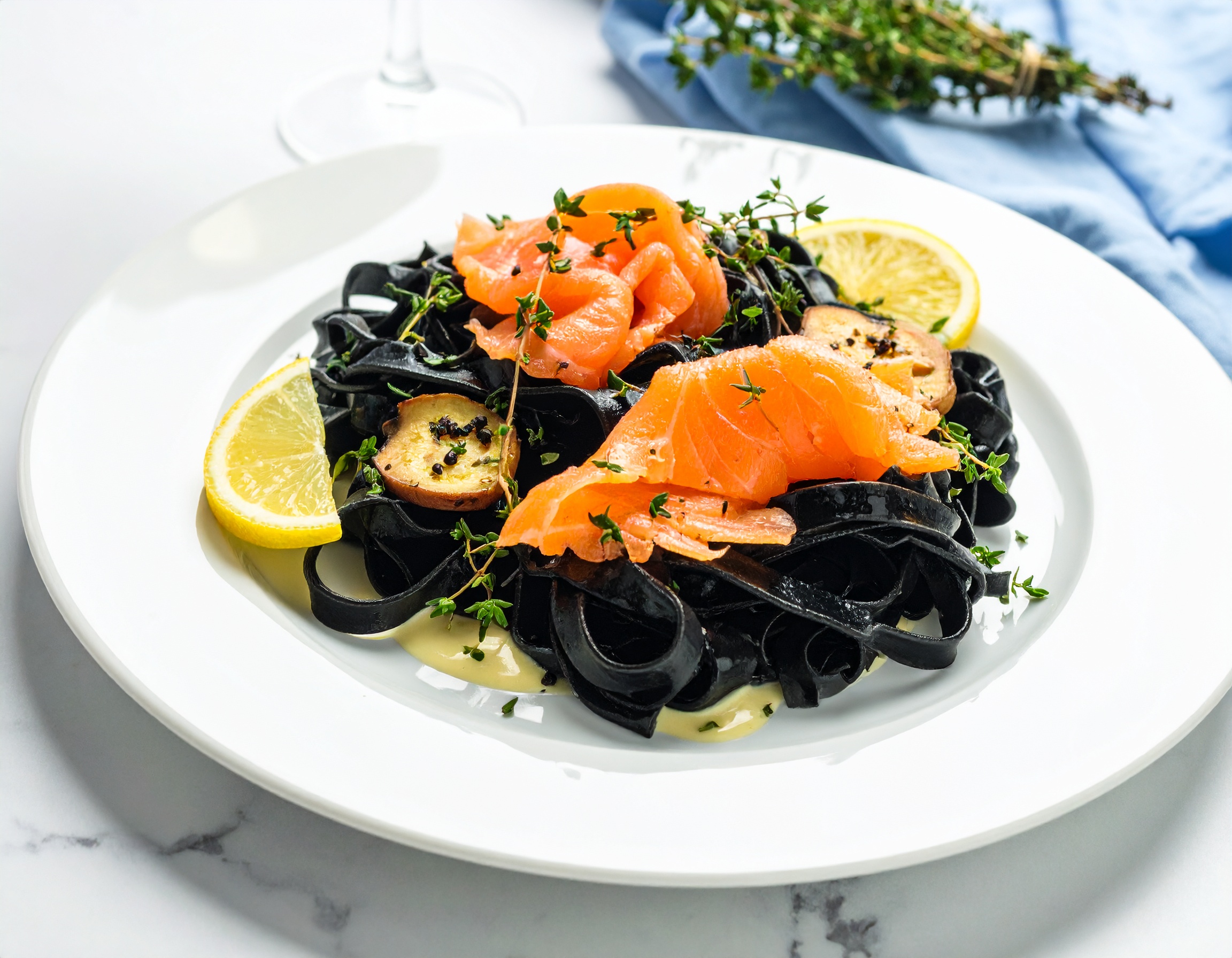 Ein Teller mit schwarzer Tagliatelle mit Zitronenthymian und Räucherlachs