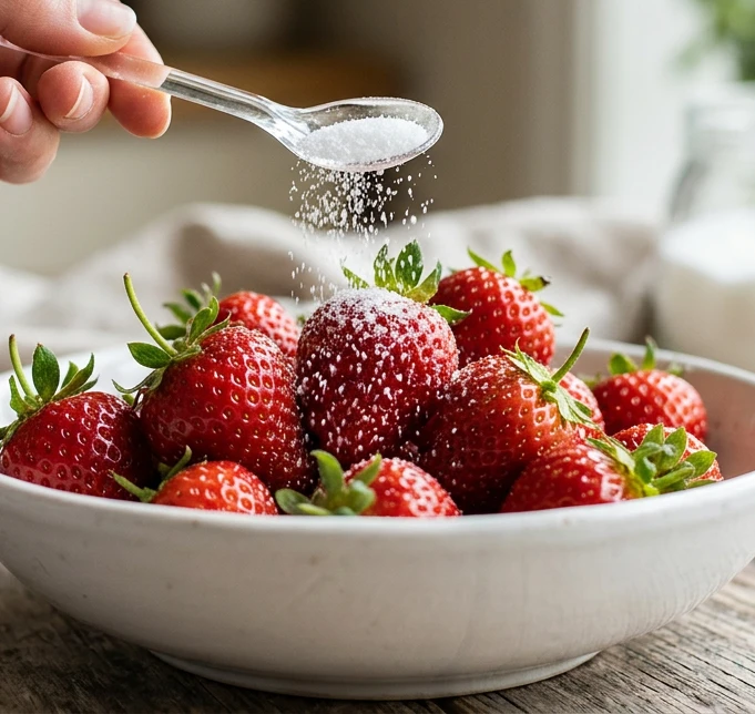Eine Hand gießt Zucker in eine Schüssel mit Erdbeeren.