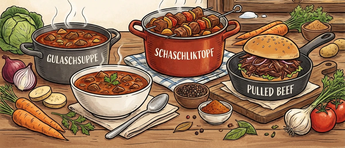 Deftige Küche für die kalte Jahreszeit Ein Tisch mit verschiedenen Speisen und Gemüse.