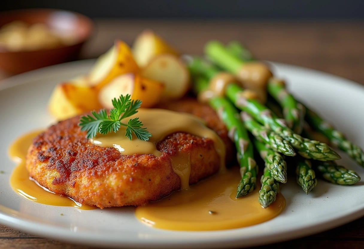 Ein Teller mit Schnitzel und Spargel. Ein Teller mit Kalbsschnitzel und Spargel.