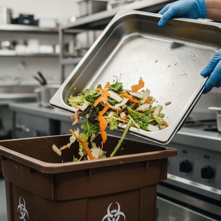 Person füllt Küchenreste in eine Mülltonne Eine Person füllt Küchenreste in eine Mülltonne