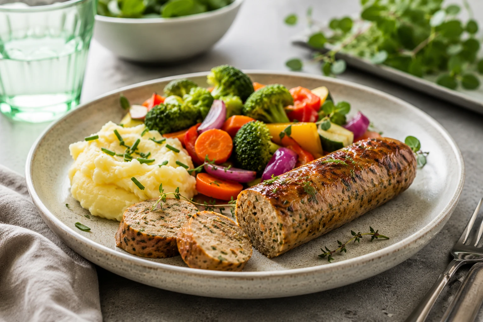Ein Teller mit Wurst und Kartoffelpüree. Ein Teller mit einer Wurst und Kartoffelpüree.