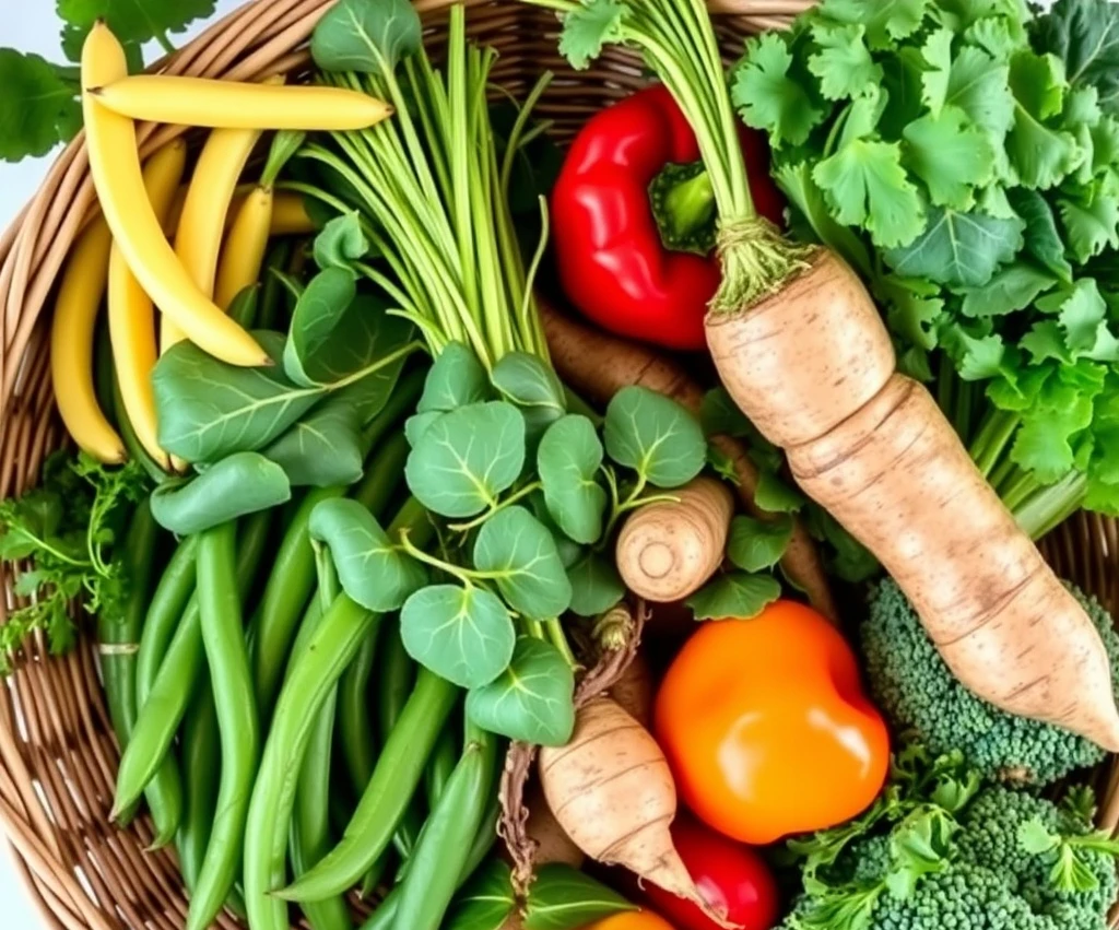Gemüsekorb Ein Korb mit frischem Gemüse, darunter Paprika und Karotten.
