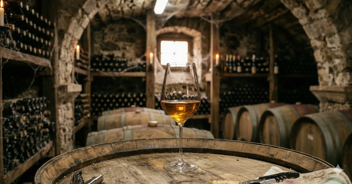 Ein Glas Wein auf einem Fass in einem Weinkeller Ein Glas Wein auf einem Fass in einem Weinkeller.