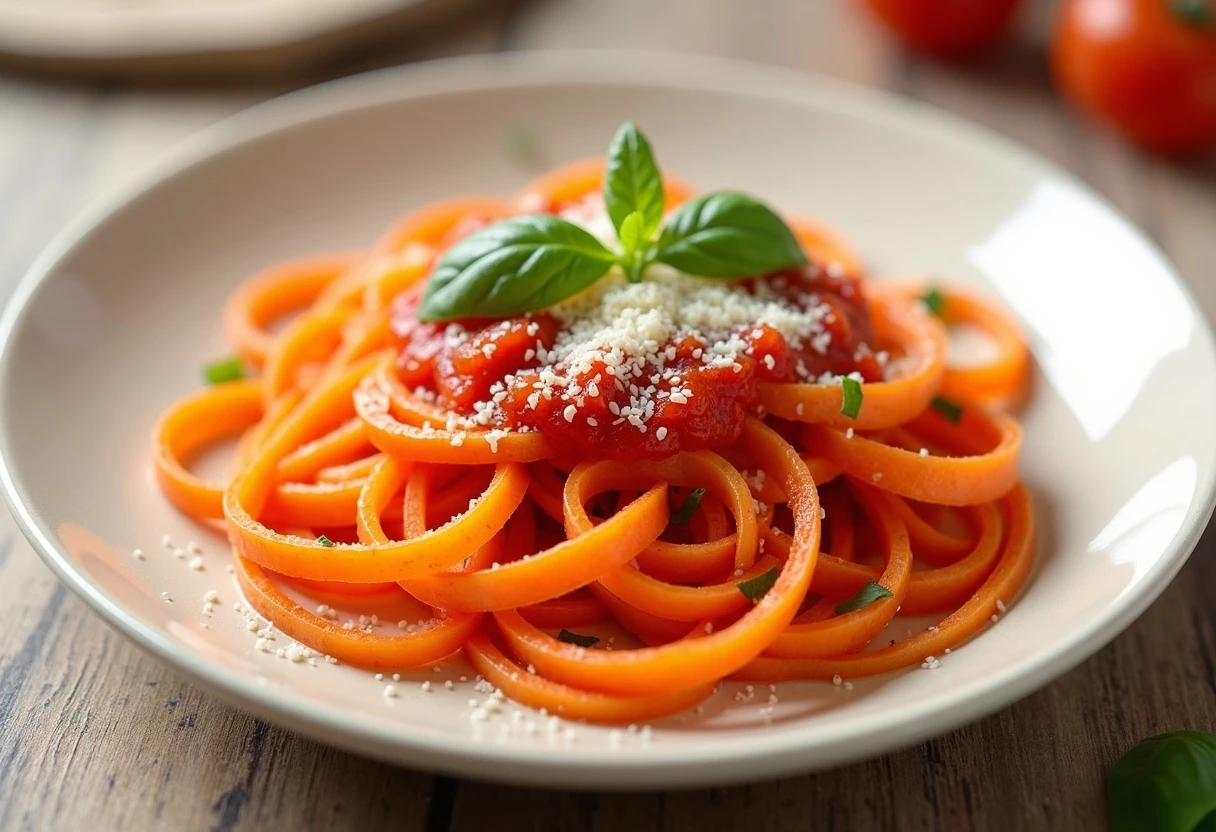 Karotten-Spaghetti mit Sauce Ein Teller Karotten-Spaghetti mit Sauce und Basilikum.
