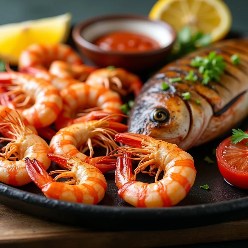 Ein Teller mit Garnelen und Fisch. Ein Teller mit Garnelen und Fisch.