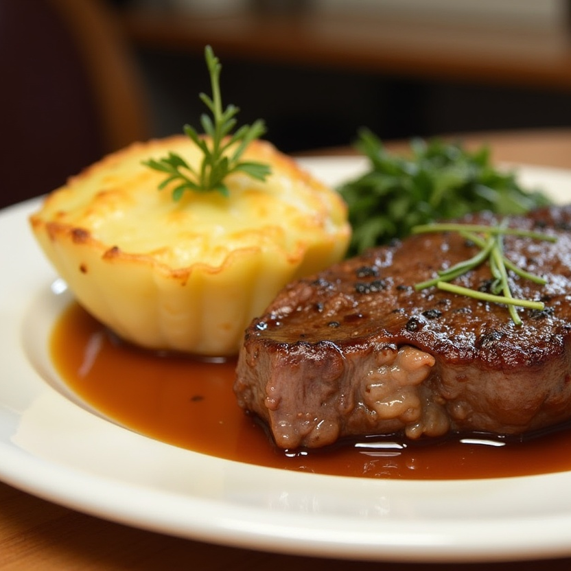Ein Teller mit Steak und Kartoffelpüree.