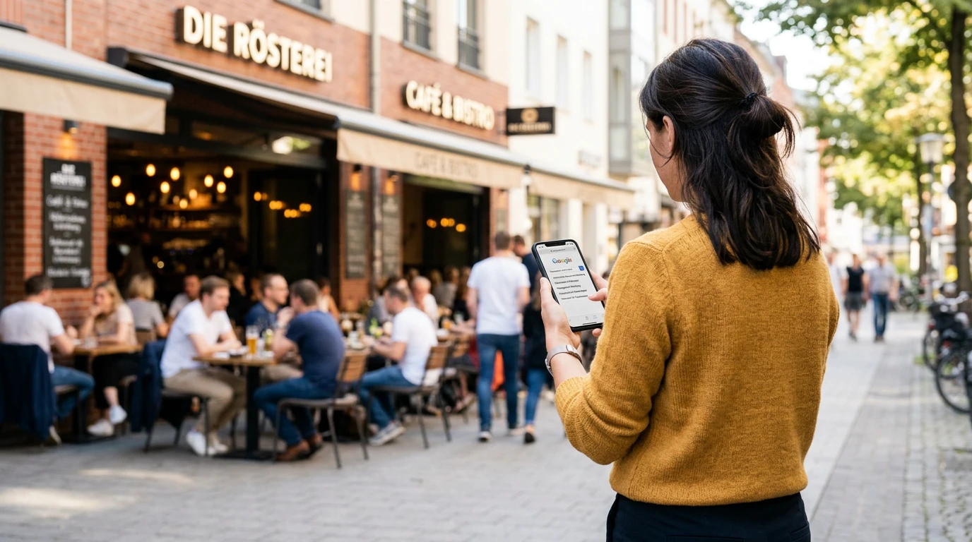 Eine Frau hält ein Telefon vor einem Restaurant.