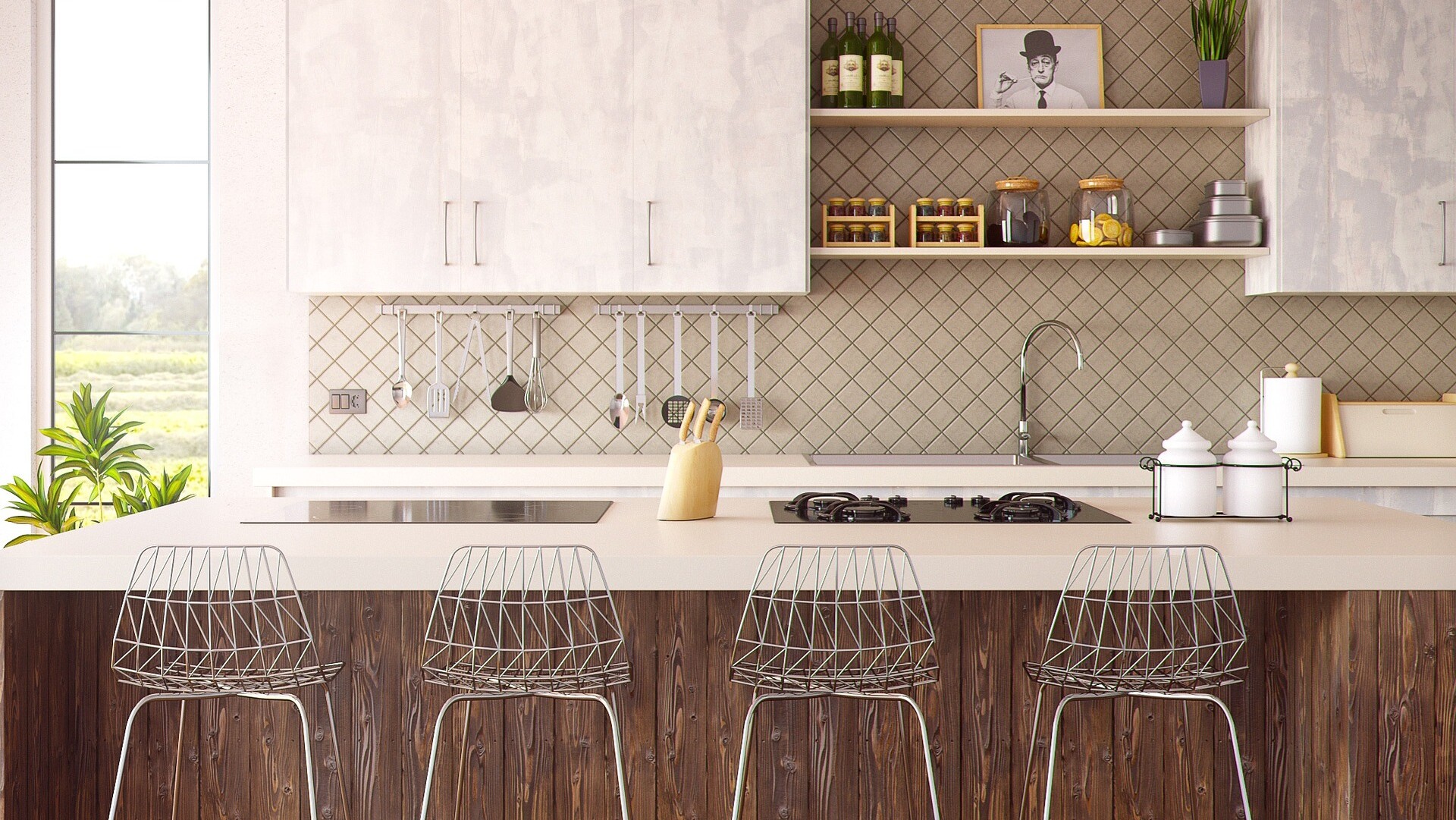 Eine Küche mit Theke und Barhockern Eine Küche mit Theke und Barhockern