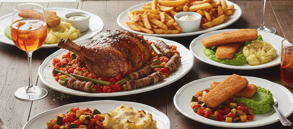 Ein Tisch voller Speisen und Geschirr mit verschiedenen Gerichten und Weingläsern.