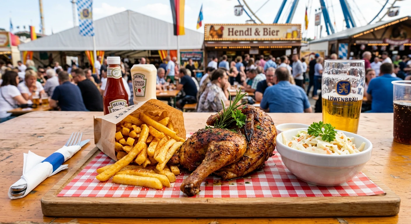 Hähnchen und Pommes auf einem Tisch im Freien Hähnchen und Pommes auf einem Tisch im Freien