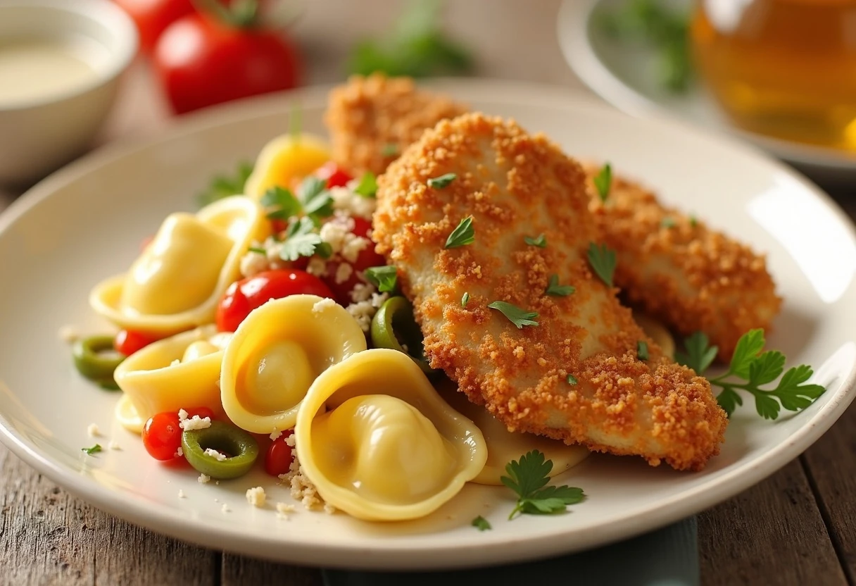 Tortellini Salat mit Hähnchenfilet Ein Teller mit Tortellini, paniertem Hähnchen und Gemüse