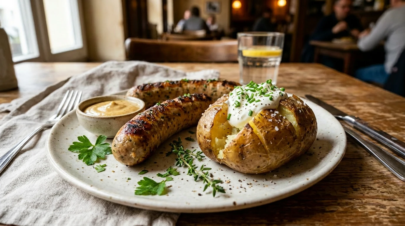 Ein Teller mit Würstchen und OFefnkartoffel Ein Teller mit Würstchen und Ofenkartoffeln.
