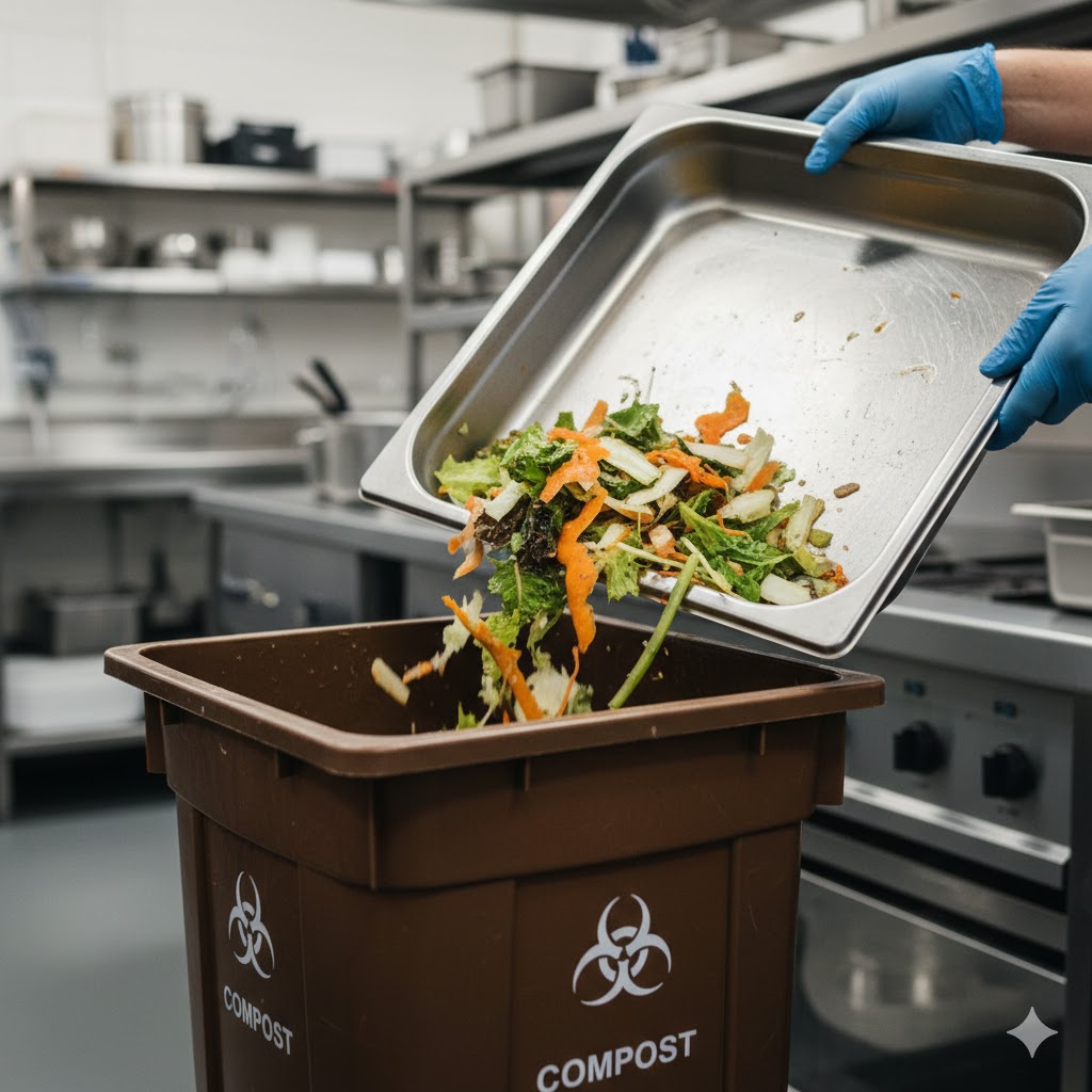 Eine Person füllt Küchenreste in einen Mülleimer