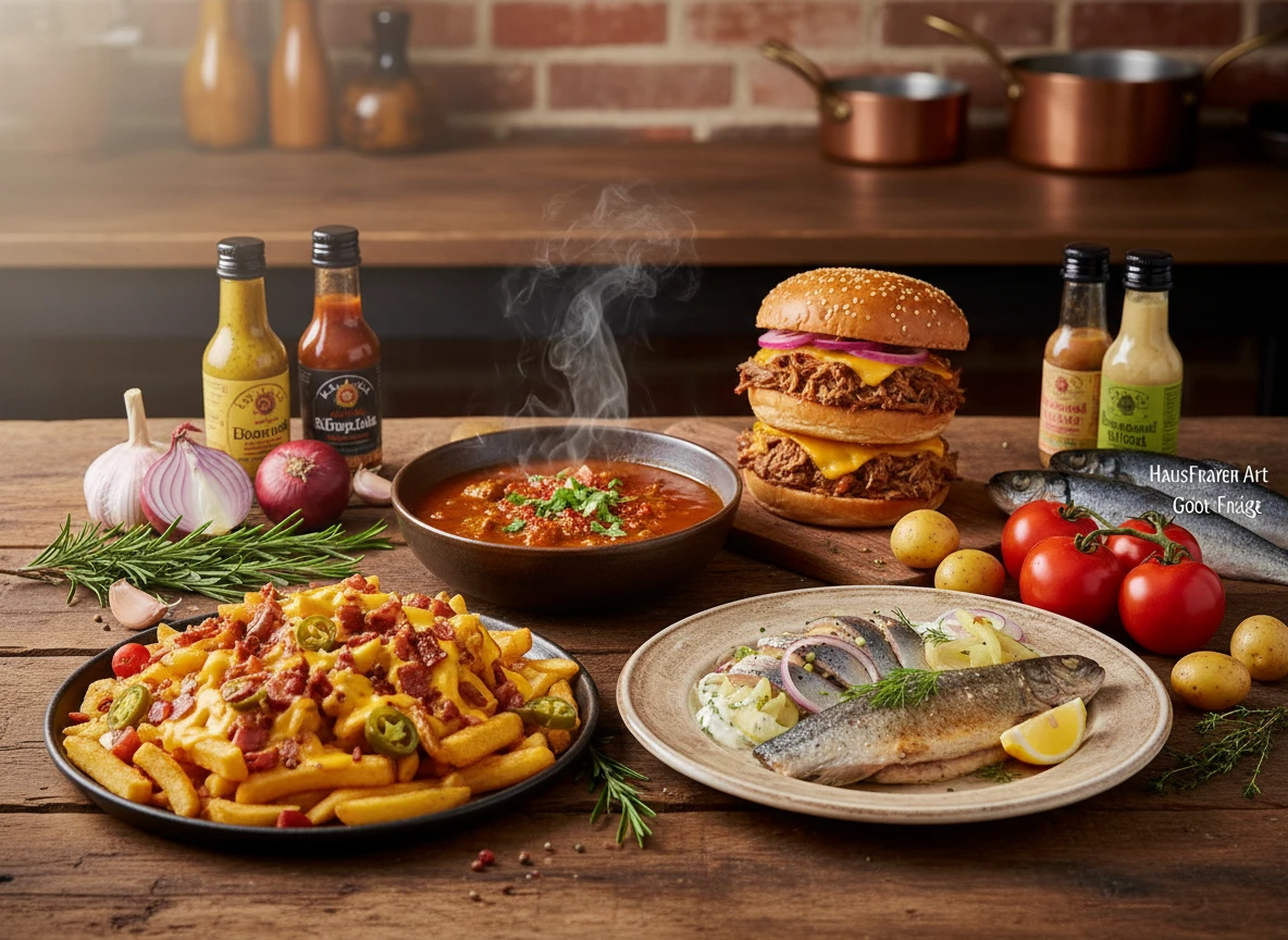 Ein Tisch mit verschiedenen Speisen und Getränken.