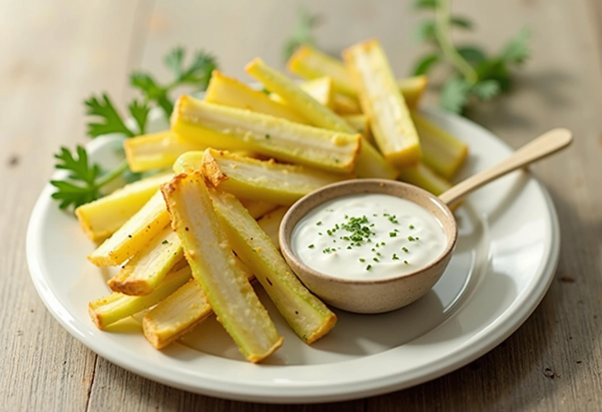 Kohlrabi Pommes mit Dip Ein Teller mit Kohlrabi Pommes frites und einer Joghurt Sauce.