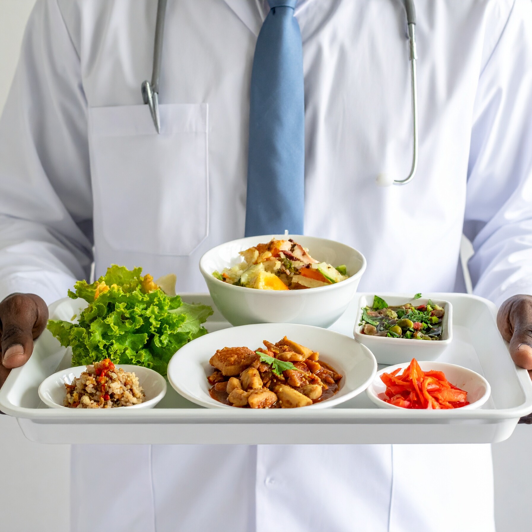Eine Person hält ein Tablett mit Essen. Eine Person hält ein Tablett mit Essen.