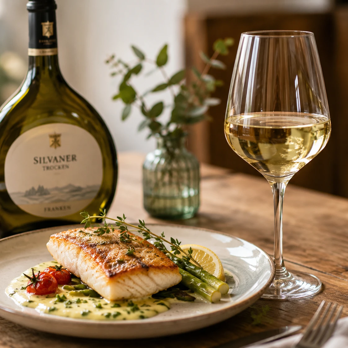 Ein Teller mit Essen und ein Glas Wein. Ein Teller mit Essen und ein Glas Wein.