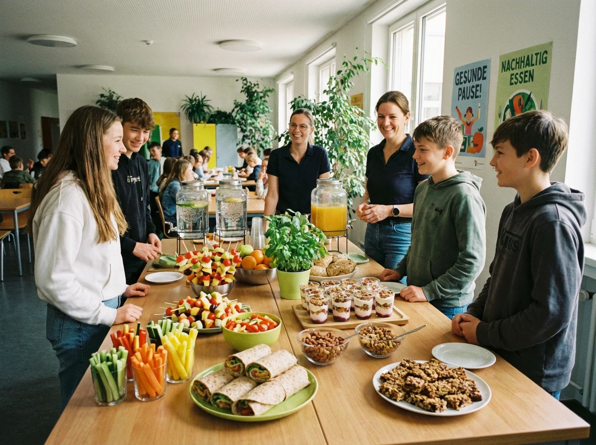 Eine Gruppe von Menschen steht um einen Tisch voller Essen.