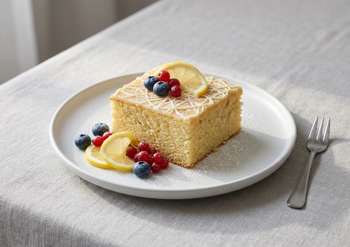 Ein Teller mit Kuchen. Ein Teller mit Kuchen und Früchten darauf.