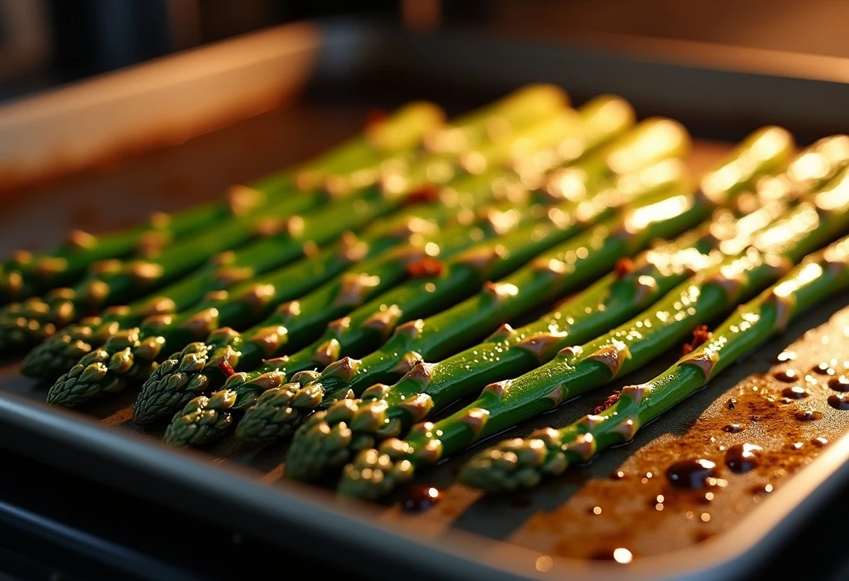 Ofenspargel Grüner Spargel auf einem Blech mit Sauce