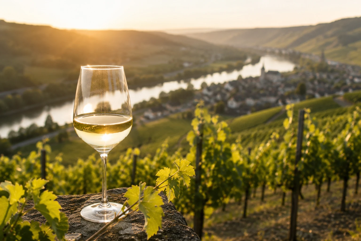 Ein Weinglas auf einem Felsen mit Blick auf einen Fluss und eine Stadt. Ein Weinglas auf einem Felsen mit Blick auf einen Fluss und eine Stadt.