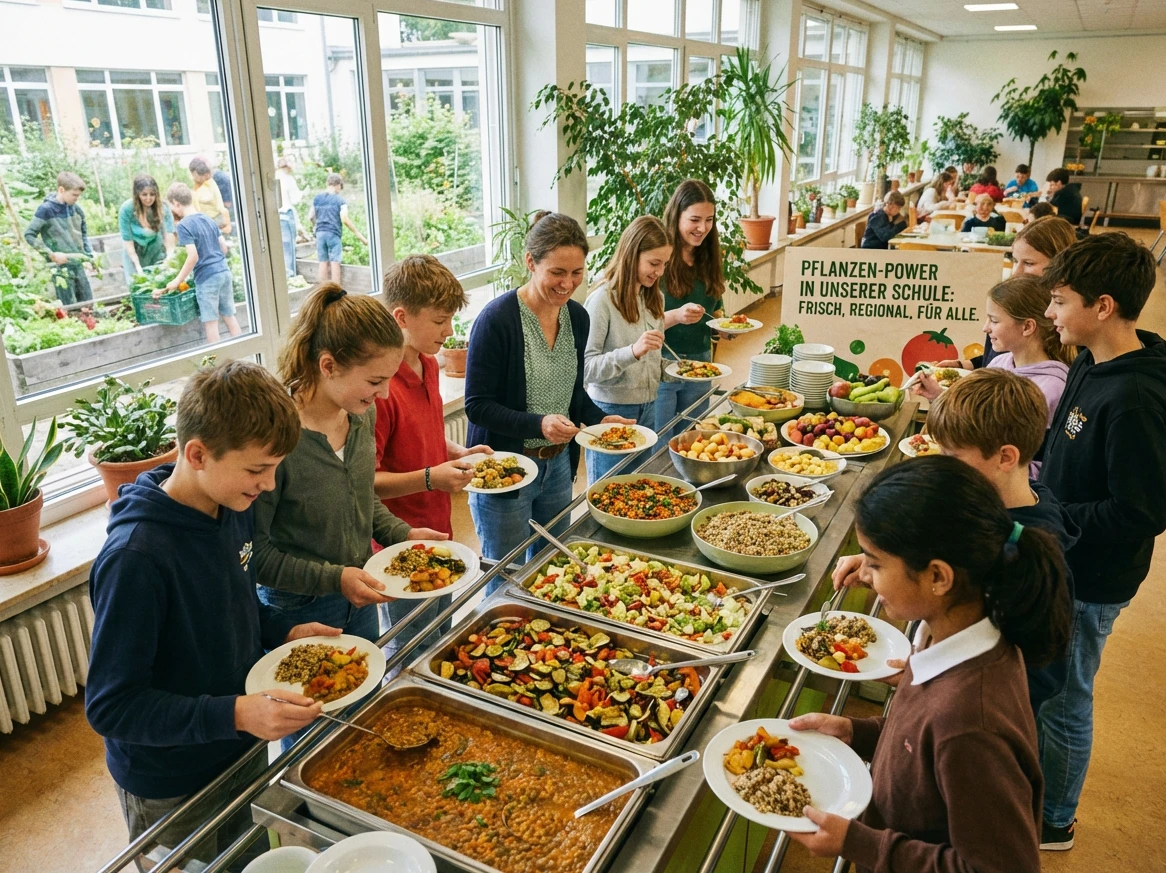 Eine Gruppe von Menschen steht in einer Reihe mit Essen auf Tellern.