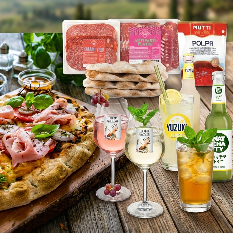 Pinsa und Getränke auf einem Tisch