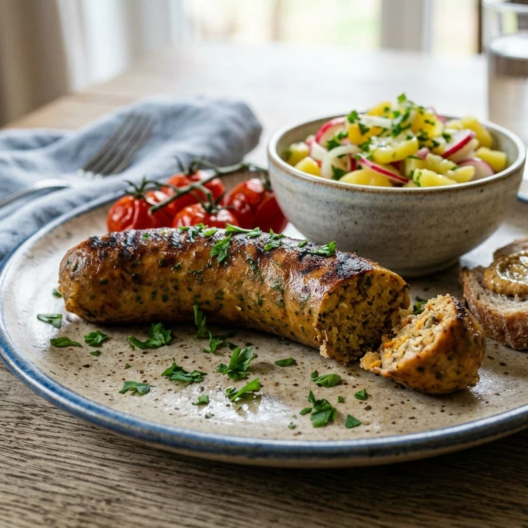 eine vegane Bratwurst angerichtet auf einem Teller Ein Teller mit Essen, bestehend aus einer Schüssel Salat und einer Wurst.