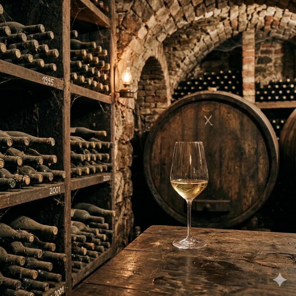 Ein Glas Wein auf einem Fass in einem Weinkeller.