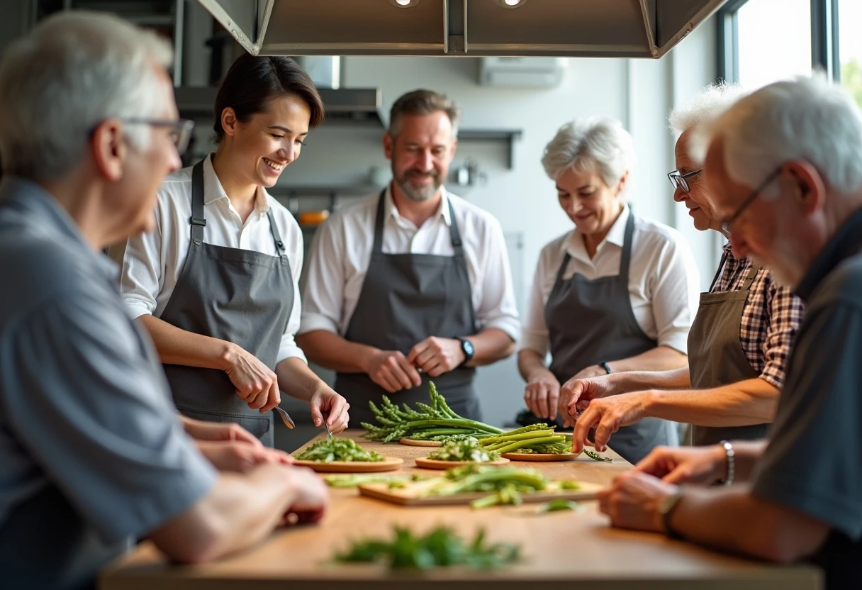 Eine Gruppe von Menschen in Schürzen beim Kochen. Eine Gruppe von Menschen in Schürzen beim Kochen.