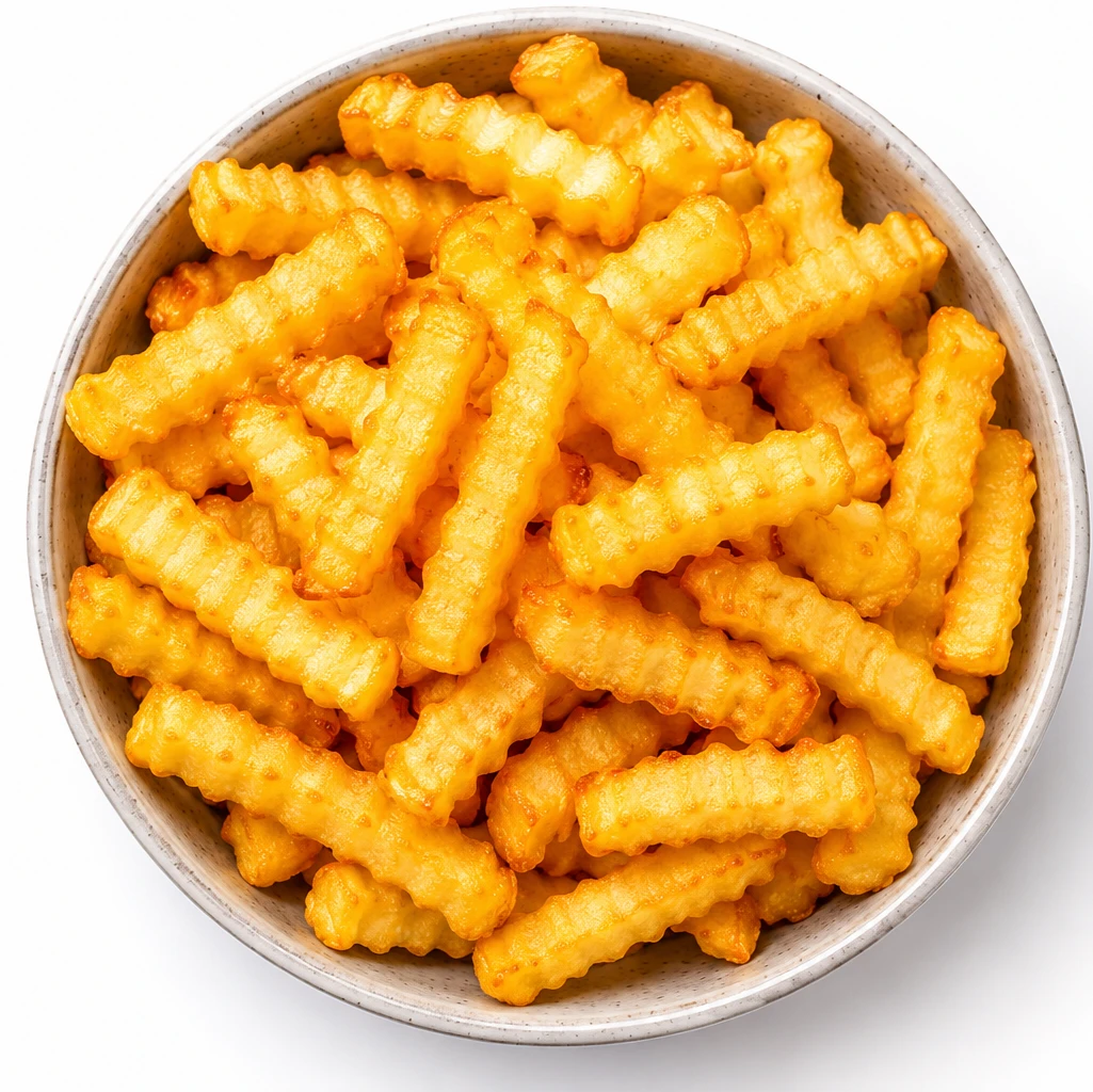 Eine Schüssel mit gewellten Pommes Frites Eine Schüssel mit gewellten Pommes Frites