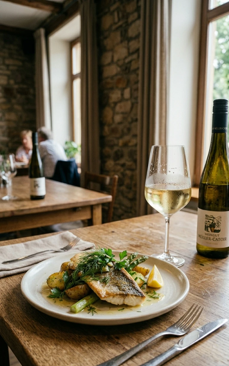 Ein Teller mit Essen und ein Glas Wein. Ein Teller mit Essen und ein Glas Wein.