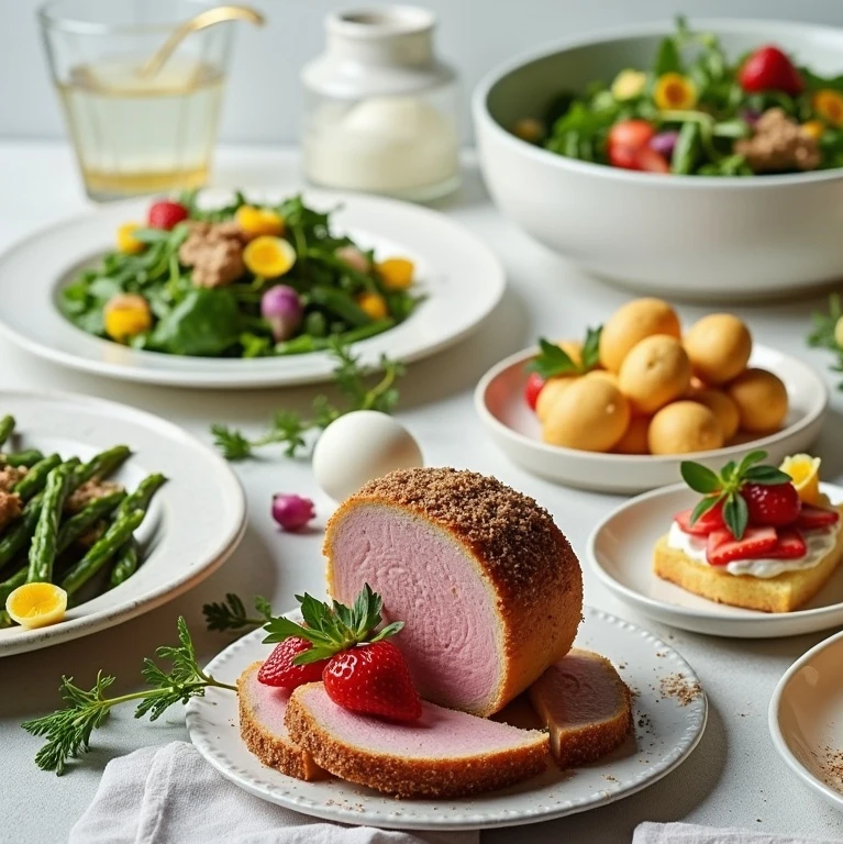 Ein Tisch mit Tellern voller Essen und Obst. Ein Tisch mit Tellern voller Essen und Obst.