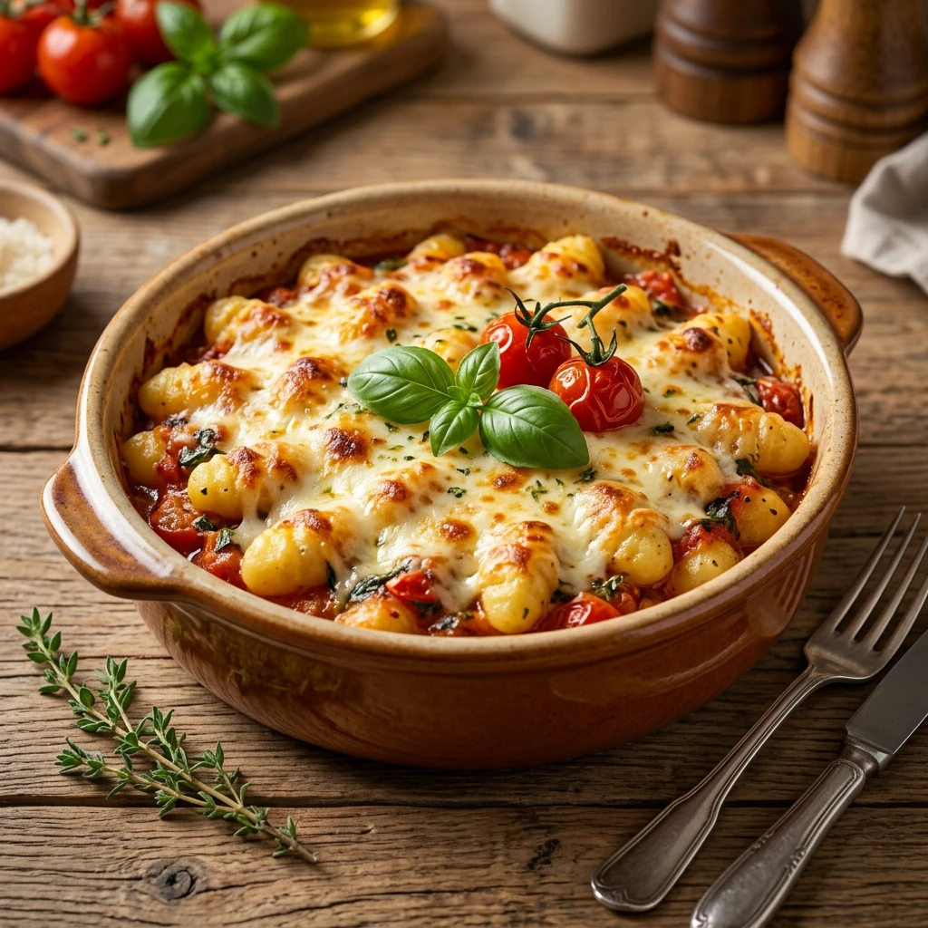 Gnocchi mit käse überbacken Eine Schüssel Pasta mit Käse und Tomaten.