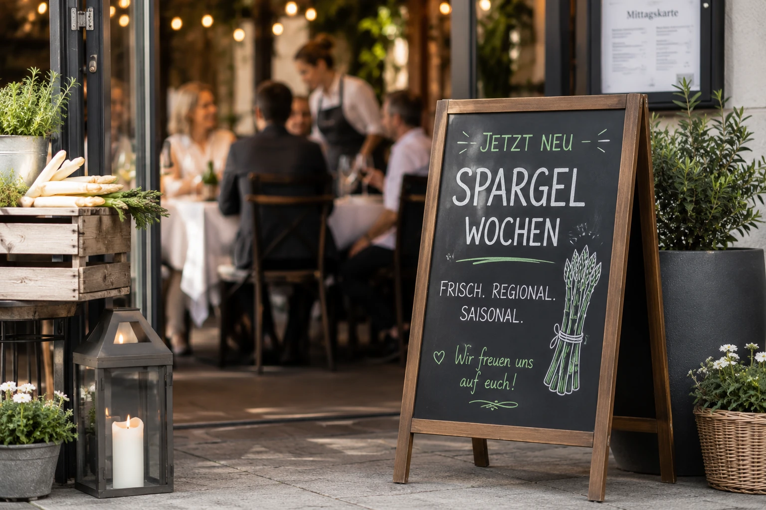 Schild vor einem Restaurant im Freien mit Menütext auf einer Tafel und einem Blumentopf daneben. Schild vor einem Restaurant im Freien mit Menütext auf einer Tafel und einem Blumentopf daneben.