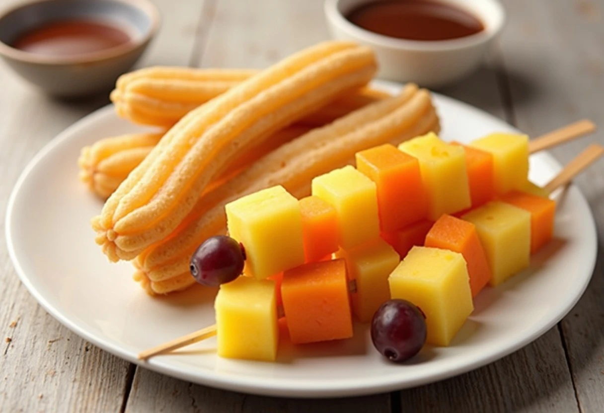 Churros mit Obst und Schokosauce Ein Teller mit Churros, Obstspießen und Schokoladensauce.