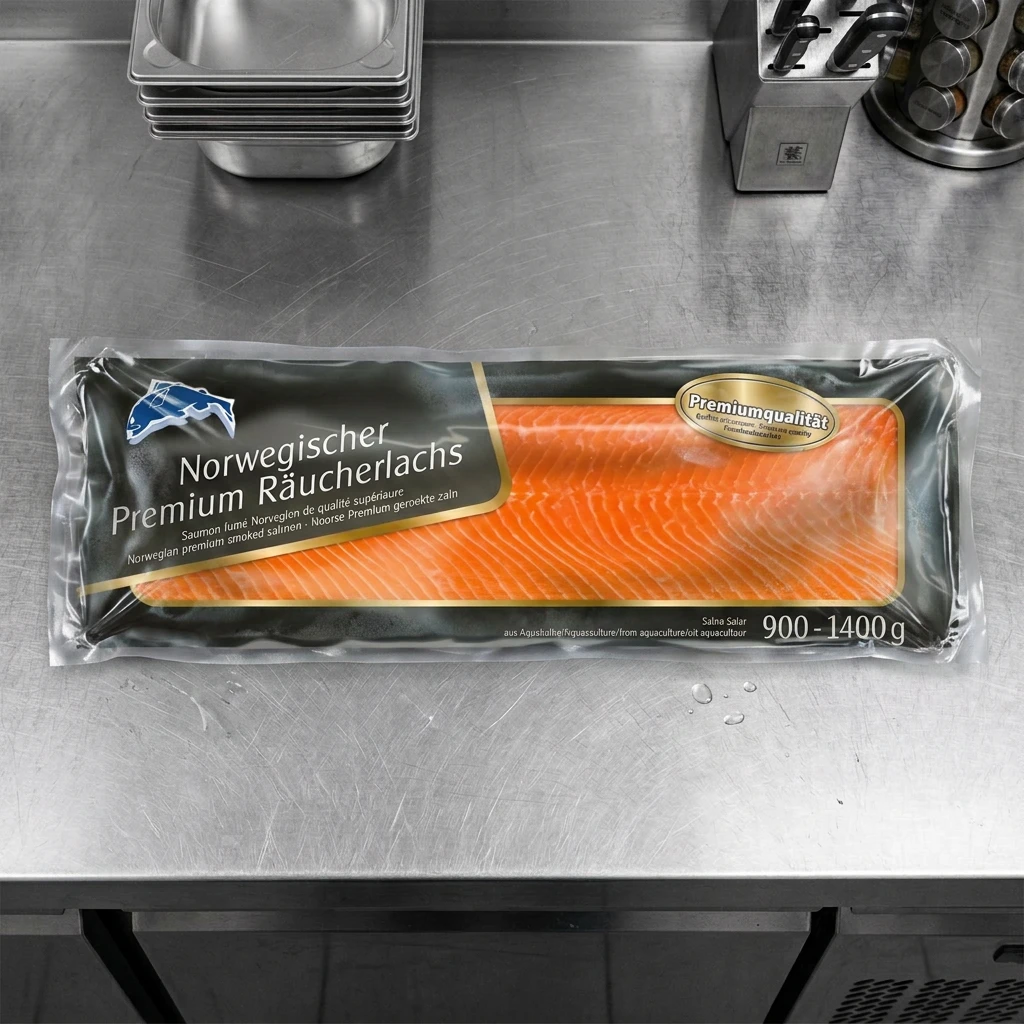 Verpackung mit Lachs auf einer Theke