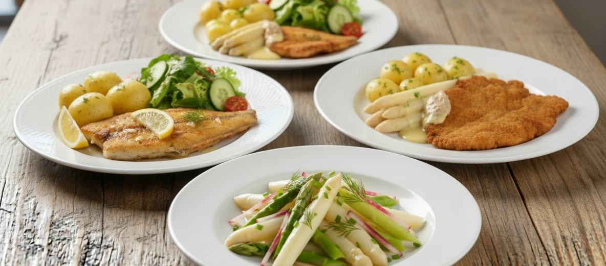 Eine Gruppe von Tellern mit verschiedenen Gerichten auf einem Tisch.