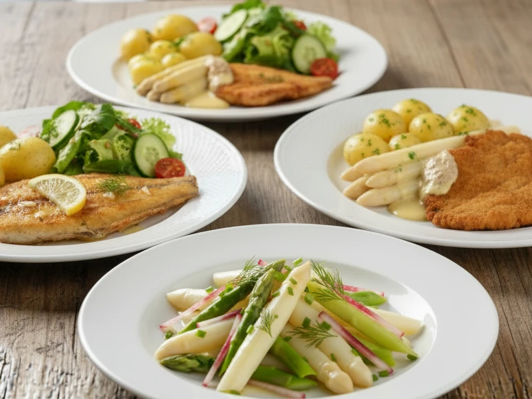 Eine Gruppe von Tellern mit verschiedenen Gerichten auf einem Tisch.