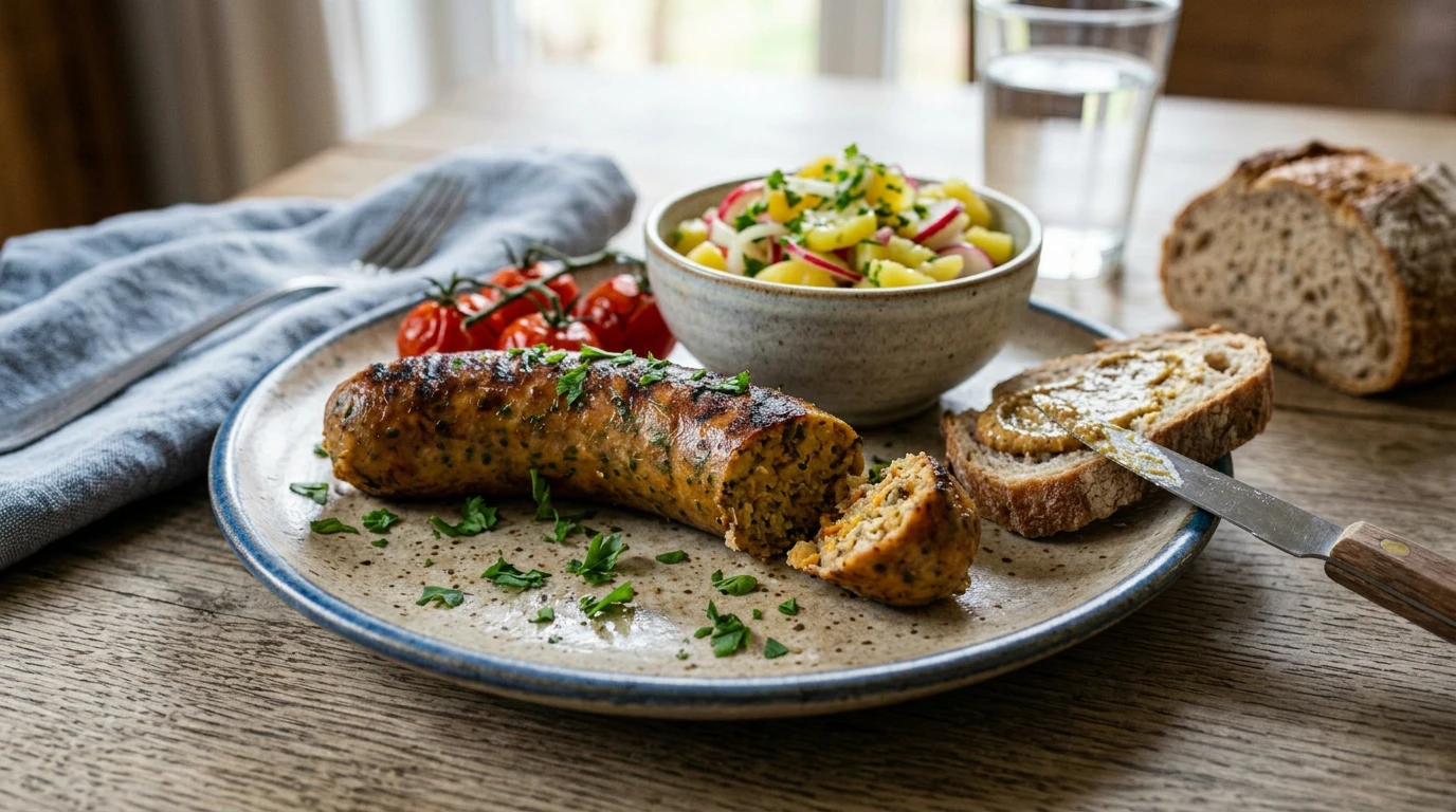 Ein Teller mit Essen, bestehend aus einem Salat und einer Wurst.