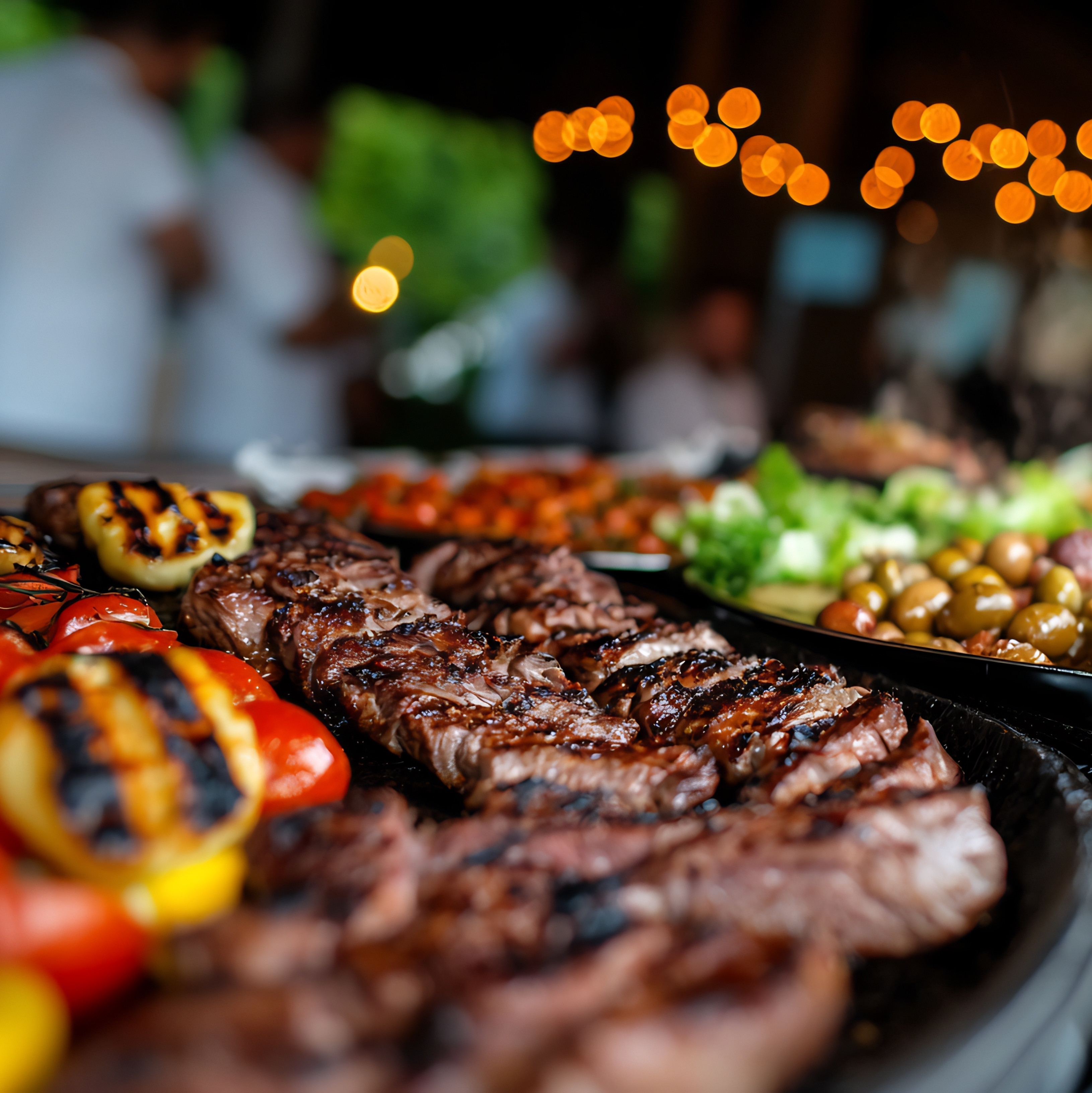 Fleisch wird gegrillt Ein Teller mit Fleisch und Gemüse auf einem Tisch.
