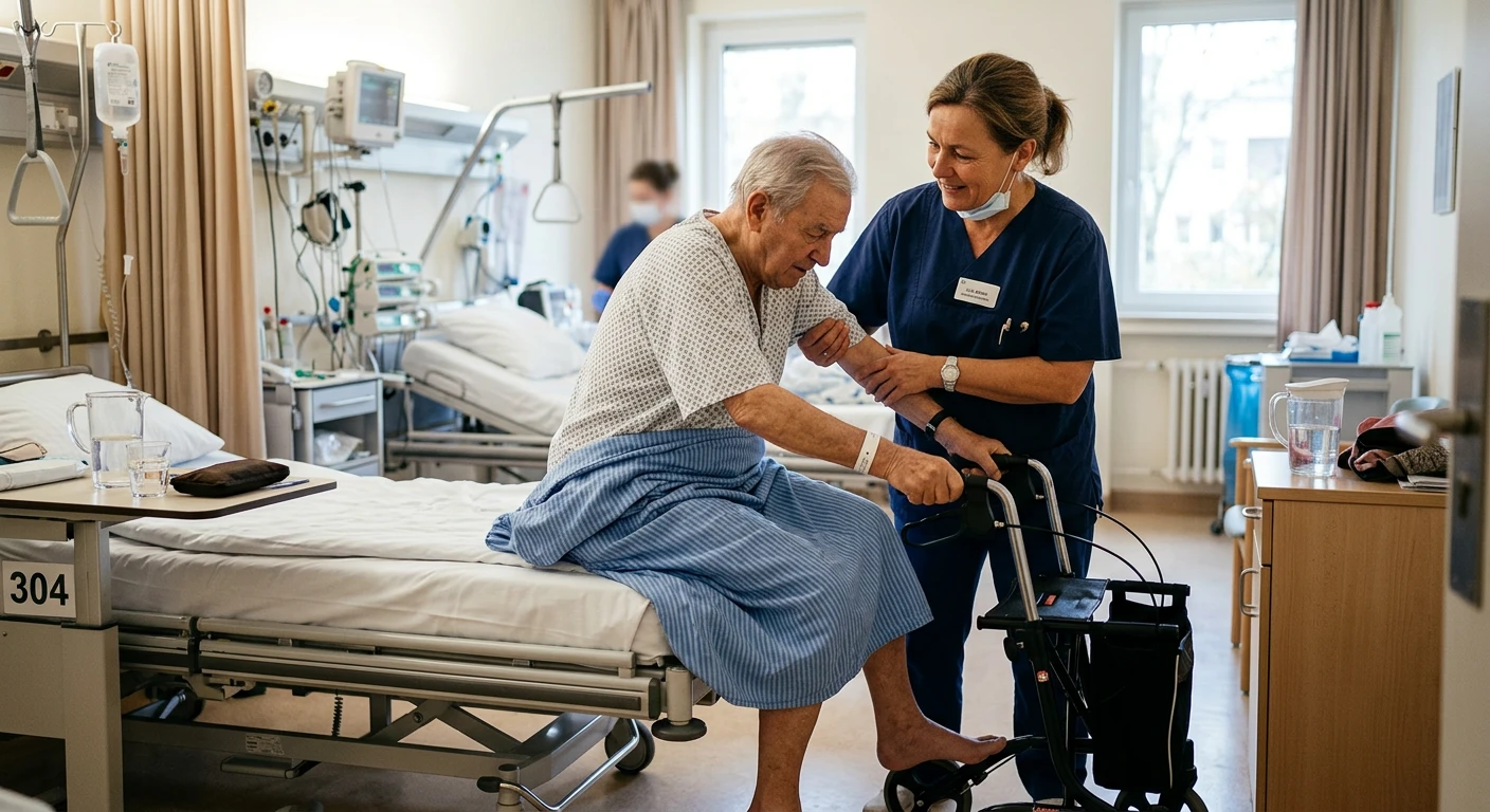 Eine Frau hilft einem Mann in einem Krankenhausbett.