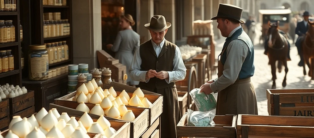 Kunde kauft Käse an einem traditionellen Marktstand aus dem 18. Jahrhundert Kunde kauft Käse an einem traditionellen Marktstand aus dem 18. Jahrhundert