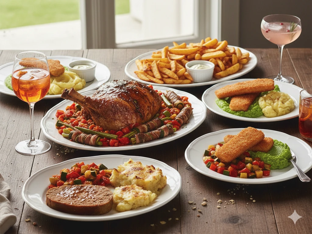 Ein Tisch voller Speisen und Geschirr mit verschiedenen Gerichten und Weingläsern.