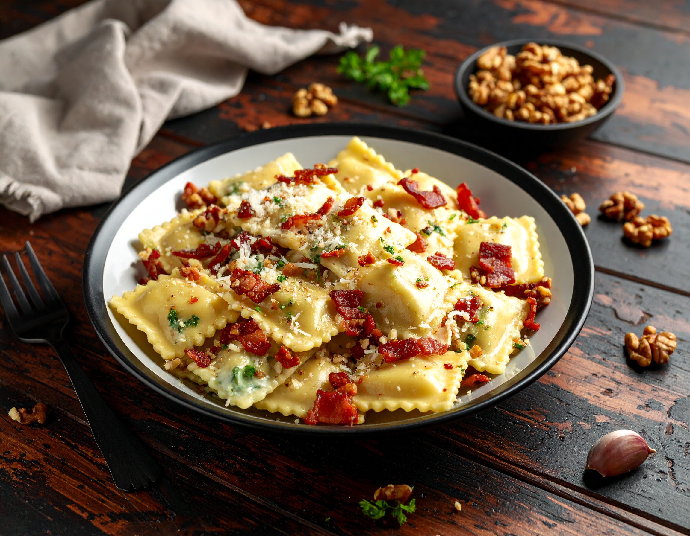 Kürbis Tortelli mit Silvanerschaum, Speck und Walnüssen Ein Teller Kürbis Tortelli mit Silvanerschaum, Speck und Walnüssen.
