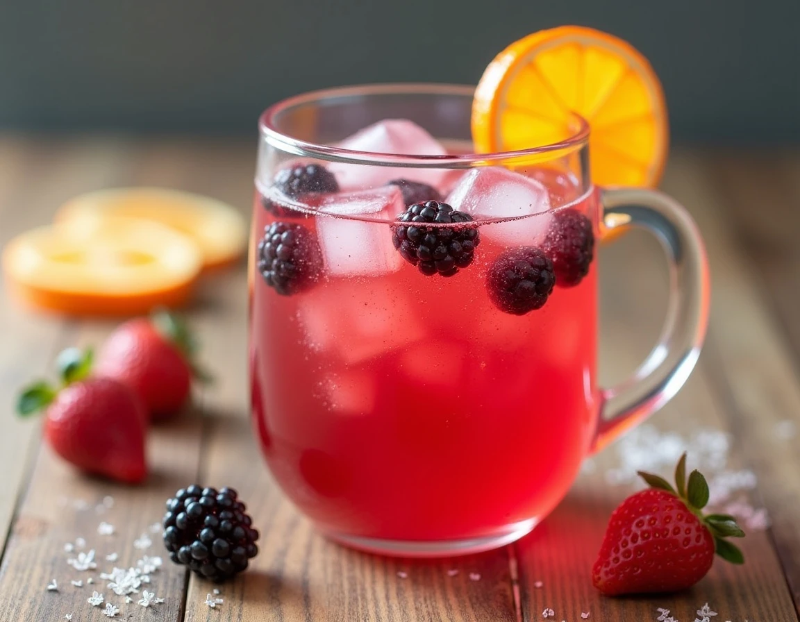 Limonade im Glas Ein Glas mit einem Fruchtgetränk und Früchten.
