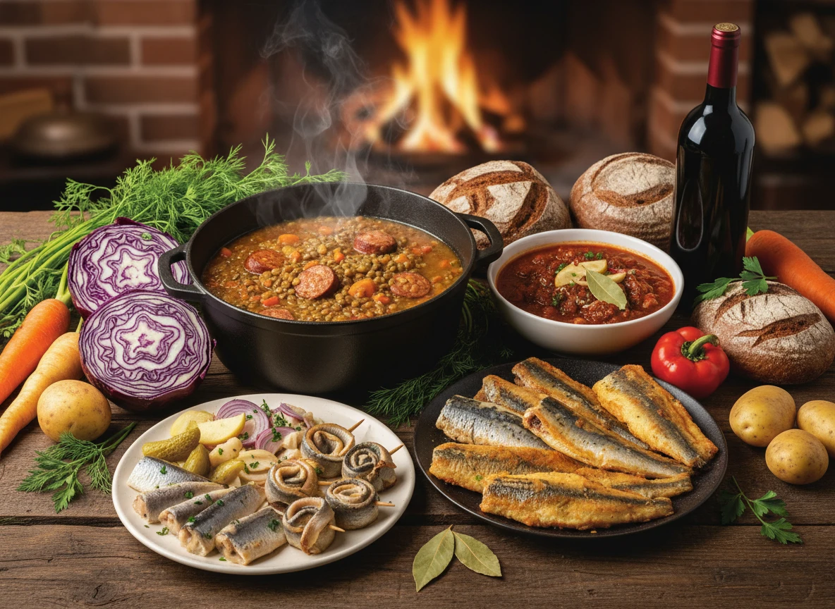 Ein Tisch mit verschiedenen Speisen, darunter Eintopf und Flaschen.