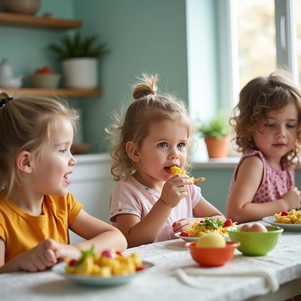 Eine Gruppe von Kindern isst an einem Tisch. Eine Gruppe von Kindern isst an einem Tisch.